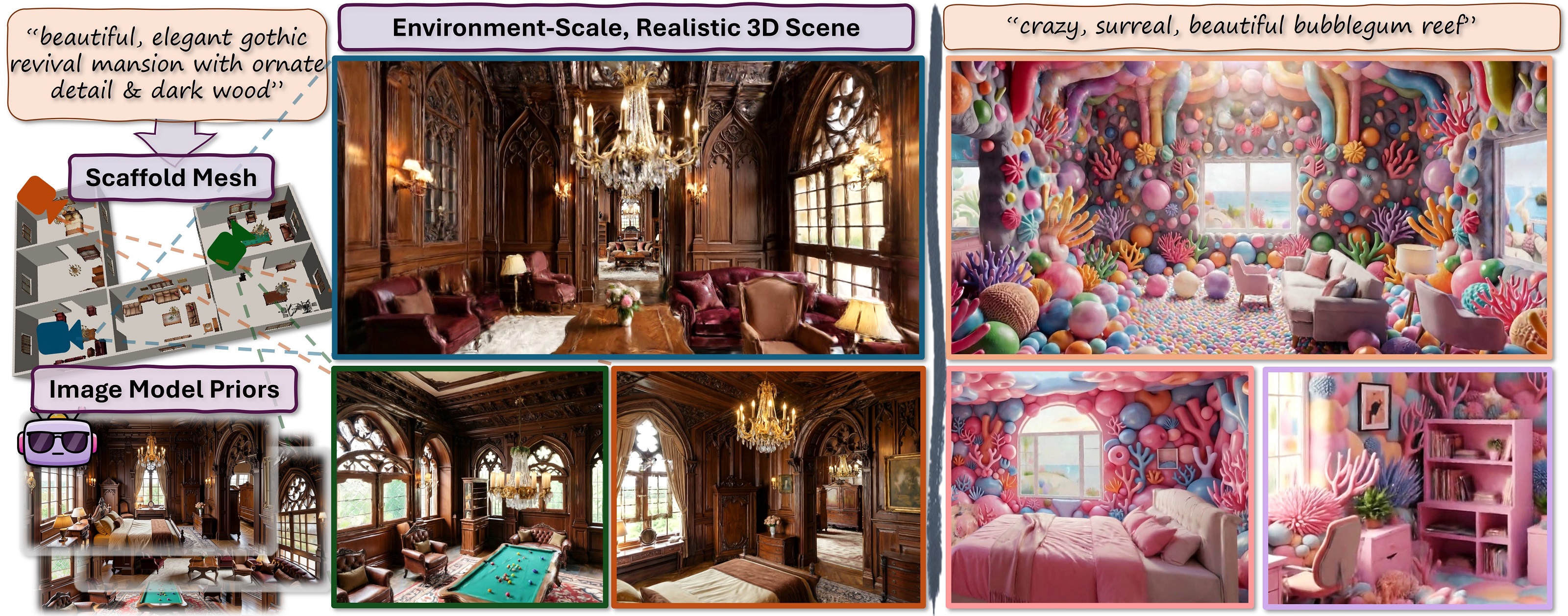 WorldMesh teaser showing mesh scaffold and generated rooms
