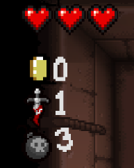 Screenshot of the health, coin, attack, and bomb UI.